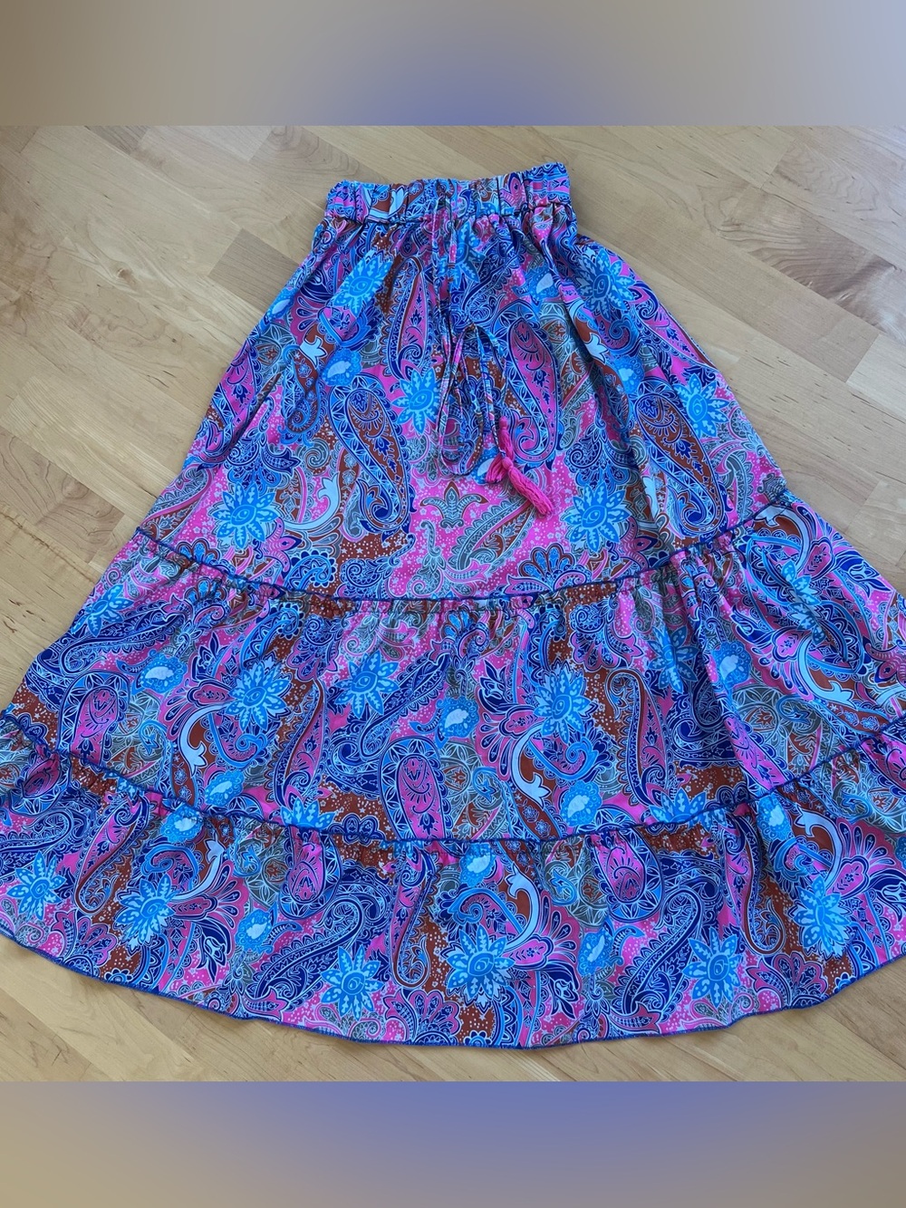 Women's Pink & Blue Paisley Tiered Maxi Skirt